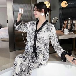 Women's Sleepwear Pyjamas Sets Faux Satin Silk Pyjama Spring Summer Pijama Ladies Longsleeve Shirt Pants 2 Piece Pjs Homewear