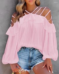 Women's Blouses Cold Shoulder Ruffle Hem Cutout Top Women Hollow Out Sexy Solid Color Summer Spring Blouse Tops