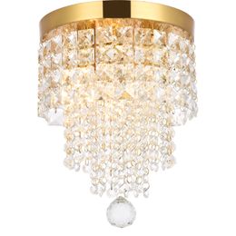 Luxury Small Gold Crystal Chandelier Flush Mount 3 Lights Bright Copper Chandelier, Mini Modern Ceiling Light Fixture for Bedroom Hallway Kitchen Entryway