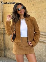 Women s Leather Faux Women Jacket 2 Piece Suit Sets Elegant Lapel Zipper Female Sexy Mini Skirts 2023 Autumn Winter Chic Outerwear 231206