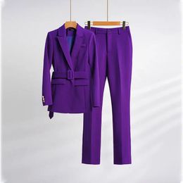 Womens Two Piece Pants Purple Long Suit Jacket and Trousers 2piece Belt Spring Autumn Waist Set High Fashion Temperament 231206