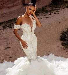 2024 Designer Mermaid Wedding Dress Bridal Gown Off the Shoulder Crystals Beaded Satin Beach Ruffles Tiered Custom Made Abendkleider Vestidos De Novia