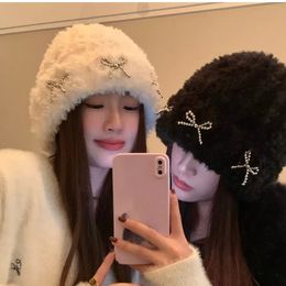 Beanie/Skull Caps Ins Autumn and Winter Knitted Plush Women's Hats Thickened Warm Ear Protection Fashion Bow Design Soft Beanies Caps 231205