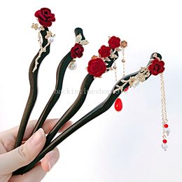 Chinese Rose Hair Sticks Hairwear for Women Chinese Style Wooden Hair Fork Disk Hairstick Hair Chopsticks Hairpin Headdress