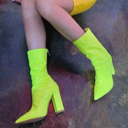 Fashion Snow Boots Women Model Year Candy Colour Bright Leather Pointed Thick High Heeled 220901