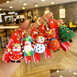 Party Favor 2024 Cute Santa Claus Snowman Design 3D Cartoon Rubber Keychain Christmas Tree Decorative Bottle Gift Bag Pendant Drop Del Dhmax