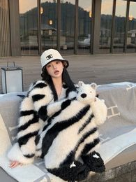 Womens Fur Faux Zebra Print VNeck Sweater Fox Coat Winter Thick Warm Loose Pullover Y2k Cool Street Girl Top 231206