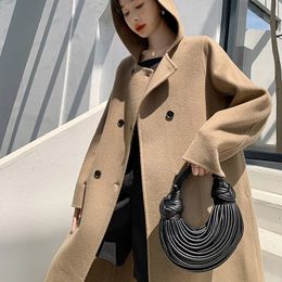 Women's Wool Blends seller 100 Thick Hypertrophy Double Breasted Wear A Hat Coat Casual Beautiful Lengthen Woolen Temperament Women 231206