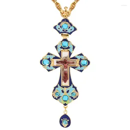 Pendant Necklaces Punk Pectoral Cross Orthodox Jesus Crucifix Pendants Jewellery Chain Blue Rhinestones Enamel Gold Colour Necklace Christian