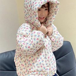 Down Coat Fashion Floral Print Baby Girl Hooded Jacket Infant Toddler Cotton Padded Thick Outwear Clothes 1-10Y Winter Warm Matching