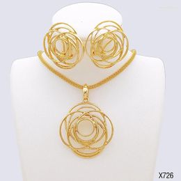 Necklace Earrings Set Dubai Jewellery For Women Two Tone Round Design Earring And 2Pcs Weddings Bridal Party Gifts