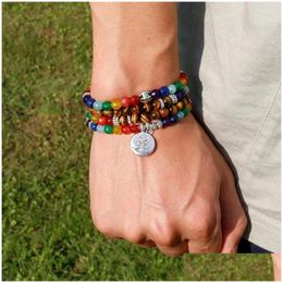 Chain Link Bracelets Nartrual 108 Mala Tiger Eyes Stone 7 Chakra Energy Yoga Bracelet For Men And Woman Drop Delivery Jewelry Dhlm5