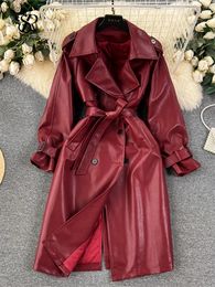 Two Piece Dress SINGREINY Autumn Fashion PU Leather Jackets Ladies Lapel Neck Long Sleeves Double Breasted Vintage Out Wear Thick Coat 231205