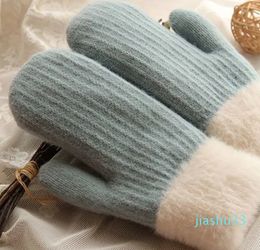 Autumn and winter new wool gloves Female students winter wool thickened double layer warm and cold knit gloves College simple cycling