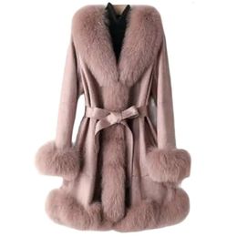 Womens Fur Faux Skin Hair One Body Women Coat Slim Fit Imitation Fox Collar Medium Long Sleeves Belt Receive Waist Ladies Jacket 231206