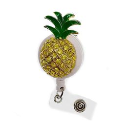 10pcs lot Key Rings Retractable Enamel Rhinestone Crystal Yellow Fruit Pineapple Shape Badge Reel Holder Clip Medical For Decorati302Y