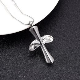 LKJ9976 Silver Tone Cross Cremation Pendant Human Ashes Holder Funeral Urn Casket Stainless Steel Cremation Necklace Men Women237P