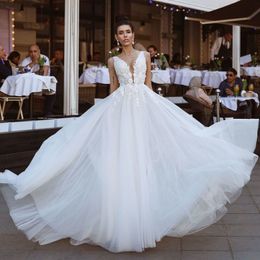 Deep V-Neck Applique Wedding Dresses For Bride Mordern Tulle Hollow Covered Button A-Line Fashionable Sleeveless