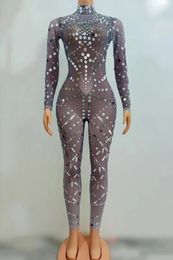 Stage Wear Silver Rhinestones Sequins Transparent Jumpsuit Evening Dance Long Sleeves Outfit Birthday Prom Bodysuit Leggings