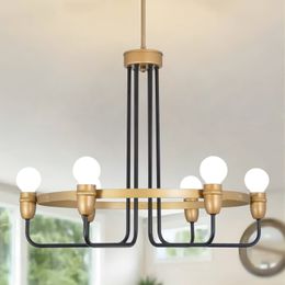 Modern Gold Chandelier for Dining Room 6 Lights Farmhouse Chandeliers Light Fixture Candle Hanging Round Decoration Pendant Lighting Fixtures for Living Room