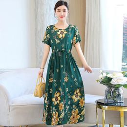 Casual Dresses 18 Colours Summer Elegant Women Long Dress 2023 O-Neck Print Ladies Boho Draw String Vintage Sundress