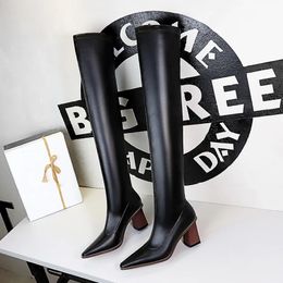 Boots BIGTREE Shoes Sexy Over-the-knee Boots Women Shoes Pointed Toe Leather Boots Wood Grain Thick Heel Long Boots High-Heeled Boots 231205