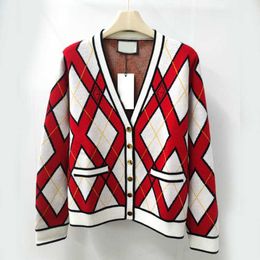 Knits Women's s AutumnWinter British Academy style V-neck cardigan wool jacket diamond grid trendy brand contrasting knit loose top HSWF