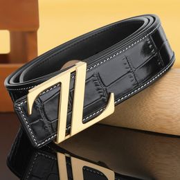 Designer belt, men's genuine leather with Z-shaped crocodile pattern, genuine men's belt, top layer of cowhide white thread, casual and fashionable men's belt