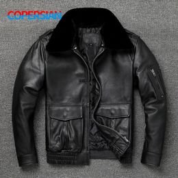 Men's Leather Faux A2 Bomber Jacket Classic style oversize fur collar flight coat genuine leather jacket addition warm cotton 231206