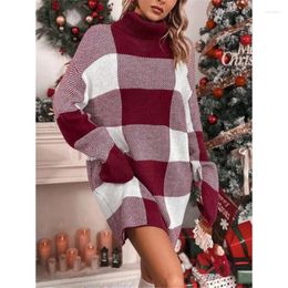 Casual Dresses Women's High Neck Loose Plaid Contrast Sweater Dress Temperament Commuting Autumn & Winter Woman Fashion Long Sleeved