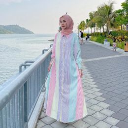 Ethnic Clothing Women Eid Muslim Dresses Striped Single Breasted Dubai Arab Kaftan Islam Blouses Dress Ramadan Morocco Vestidos Loose Casual