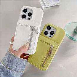 Luxury Litchi Pattern Zipper Phone Case for iPhone 15 Plus 14 13 12 11 Pro Max XR XS Sturdy Card Slot Lychee Print Leather Wallet Chain Bracket Back Cover Shockproof