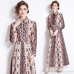 Vintage Lace Up Print Boho Maxi Dress Robe Woman Designer Lapel Slim Elegant Fit Button Front Vacation Ruched Dresses 2023 Spring Fall Long Sleeve Party Runway Frocks