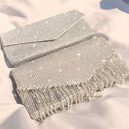Clutch Bag Silver Diamond Envelope Women Evening Bridal Wedding Purse Design Chain Tassel Shoulder249A