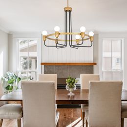 Farmhouse Modern Gold Chandelier 6 Lights Farmhouse Chandeliers Candle Hanging Round Decorative Pendant Light for Living Room, Kitchen, Dining Room
