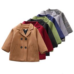 Пальто, весенние куртки для мальчиков, шерстяные двубортные детские куртки с лацканами для девочек, осенняя детская верхняя одежда, зимнее шерстяное пальто 231206