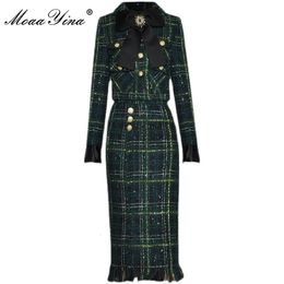 Two Piece Dress MoaaYina Fashion Designer Winter Plaid Tweed Skirts Suit Women's Bow Beading Long Sleeve Jacket Tassel Skirt 2 Pieces Set 231205