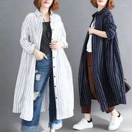 Women's Blouses Plus Size 4XL 2023 Autumn Women Fashion Elegant Stripe Tops Lady Female Large Big Long Loose Cotton Linen Cardigans Blouse
