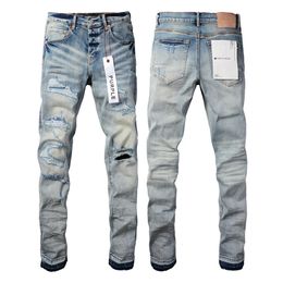 Women s Jeans Purple Brand Patch Men s High Street Slim Fit Streetwear Washed Destroyed Hole Blue Denim Long Pants 231206