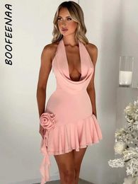 Casual Dresses BOOFEENAA 3d Floral Applique Ruffle Halter Mini Birthday Party Pink Black Cowl Neck Backless Clubbing Dress C18CZ25