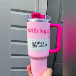 PINK Flamingo 40oz Quencher H2.0 Coffee Mugs Cups outdoor camping travel Car cup Stainless Steel Tumblers Cups with Silicone handle Valentine's Day Gift 1206
