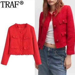 여자 모피 가짜 트래프 2024 여성 질감을위한 빨간 자르기 재킷 트위드 트위드 여자 긴 소매 우아한 여자 재킷 가을 짧은 코트 231205