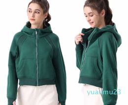 lu Womens Autumn Hoodies Sweatshirt Yoga Thick Jacket Ladies Gym Workout Coat Full Zipper Fleece Loose Workout Pu