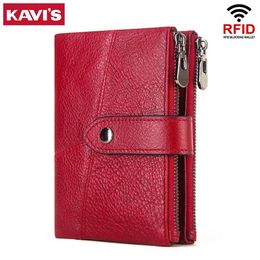 KAVIS Genuine Cow Leather Women Wallets Pocket Ladies Female Purse Clutch Small Wallet Short Card Holder Girls Fashion Red Color316d