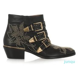 genuine leather women gold studded strap ankle boots low heel spike boots