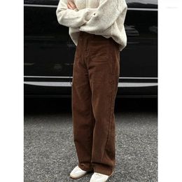 Women's Pants Brown Corduroy Straight Leg For Women Loose Pockets Slim High Waisted Trousers