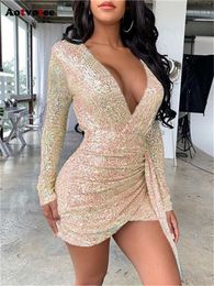 Sequins for Women New Sexy Slim Deep V Neck Dress Vintage Long Sleeve Asymmetrical Lace Up Evening Dresses