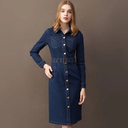 Urban Sexy Dresses S3XL Women Midlength Denim Spring Autumn Fashion Longsleeve Adjustable Waist Stretch fabric Slim Cotton Dress Female 231206