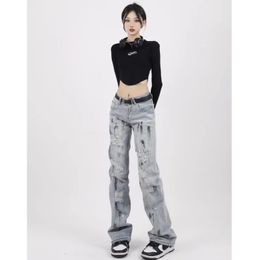 Men's Jeans Blue Jeans Women Graffiti High Waist American Wide Leg Pants Fashion Y2K Style Baggy Vintage Female Autumn Straight Trouser 231206