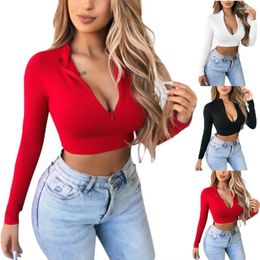 Women's T Shirts 2023 Women T-Shirts Spring Autumn Sexy Deep V-Neck Solid Colour Crop Top Long Sleeve Blouse Ladies Skinny Short Tops